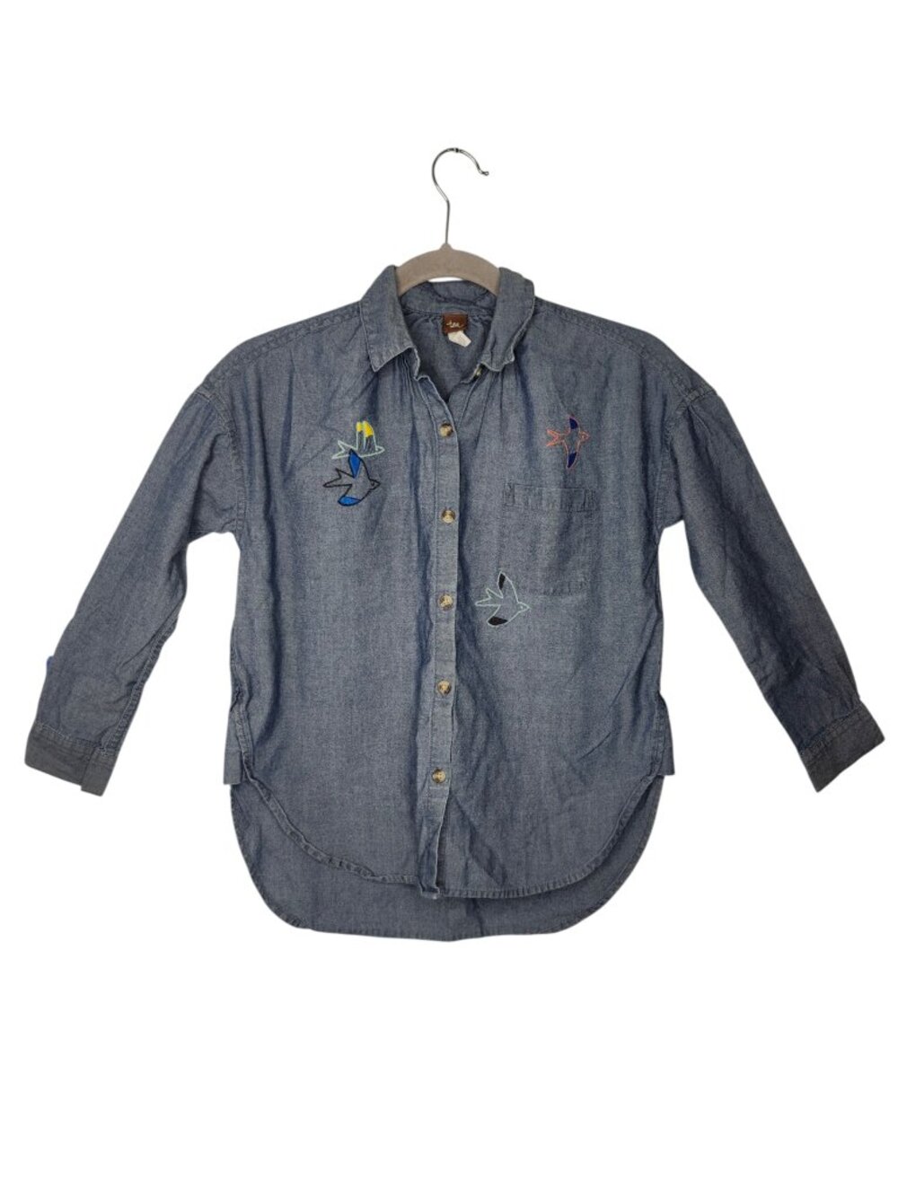 Tea Blue Denim Look Long Sleeved Button Down Embroidered Top Size 10